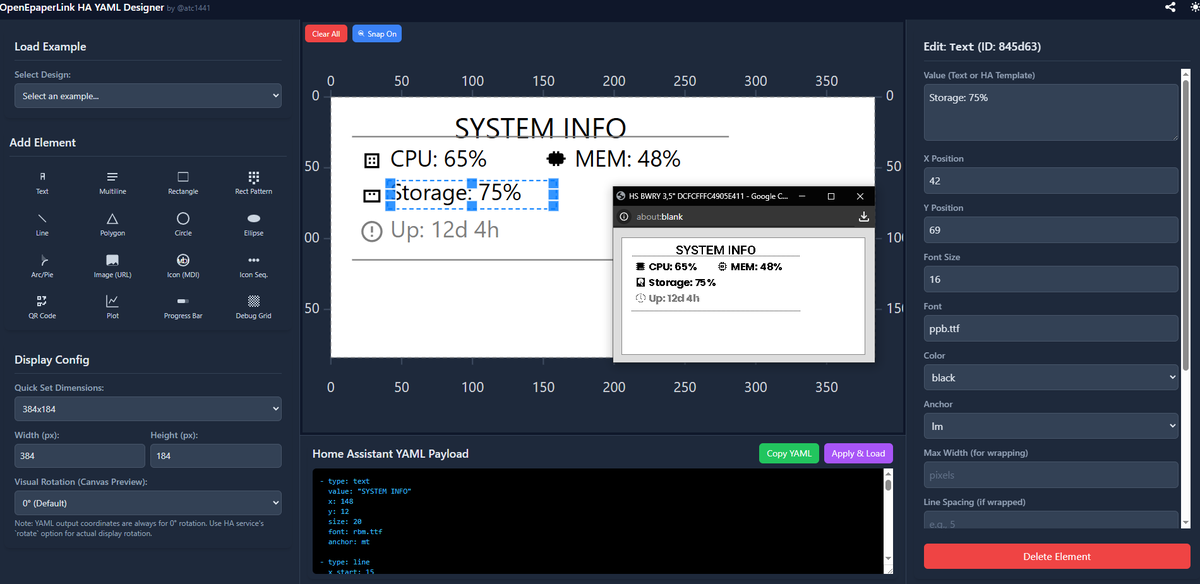 atc1441's tweet image. Call me impressed, Gemini helped a lot to create these 2 template designer tools.
atc1441.github.io/oepl_json_desi…
atc1441.github.io/oepl_yaml_desi…
They allow to quickly create a Drag and Drop E-Paper dashboard for the OpenEpaperLink JSON Template and HomeAssistant plugin