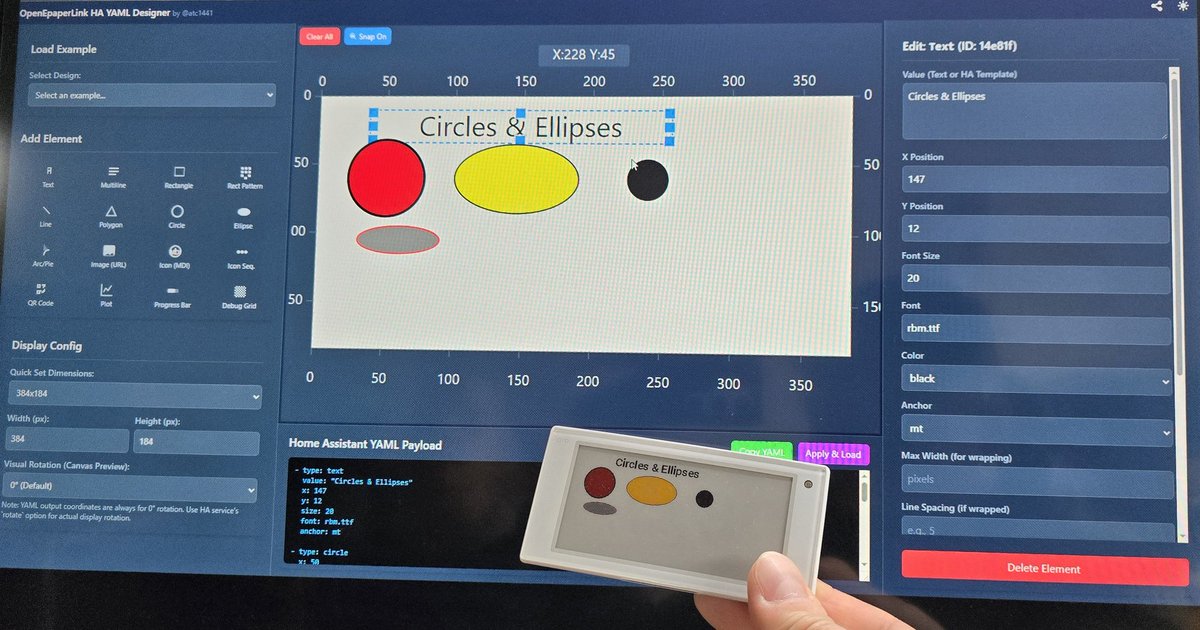 atc1441's tweet image. Call me impressed, Gemini helped a lot to create these 2 template designer tools.
atc1441.github.io/oepl_json_desi…
atc1441.github.io/oepl_yaml_desi…
They allow to quickly create a Drag and Drop E-Paper dashboard for the OpenEpaperLink JSON Template and HomeAssistant plugin