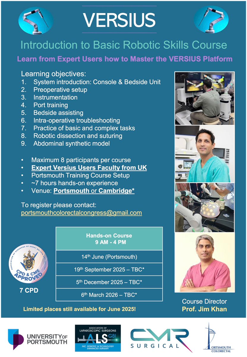 Portsmouth Colorectal (@pcolorectal) on Twitter photo #PCC25
<a href="/CMRSurgical/">CMR Surgical</a>
<a href="/ana_raduc/">Ana Ramona Raduc</a>
introduction to Versius basic robotic skills course
14th June 2025
expert faculty <a href="/DrAtanuPal/">Atanu Pal</a>
limited places available
7 CPD/CME by <a href="/asgbi/">ASGBI</a> #PCC25
<a href="/CMRSurgical/">CMR Surgical</a>
<a href="/ana_raduc/">Ana Ramona Raduc</a>
introduction to Versius basic robotic skills course
14th June 2025
expert faculty <a href="/DrAtanuPal/">Atanu Pal</a>
limited places available
7 CPD/CME by <a href="/asgbi/">ASGBI</a>