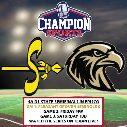 Champion Sports Radio (@championsports) on Twitter photo The <a href="/uiltexas/">Texas UIL</a> Baseball playoffs continue tonight with a pivotal Game 2 as <a href="/SeminoleISD/">Seminole ISD</a> battles #5 <a href="/PGHAWKSBASEBALL/">PG Hawks Baseball</a>! If you can’t be there, watch with us on <a href="/Texan_Live/">Dave Campbell’s Texan Live - Texanlive.com</a>!
⚾️4A D1 State Semis
⏰4PM
📍<a href="/RidersBaseball/">Frisco RoughRiders</a> Field
🎙️<a href="/MrThomasDLee/">Thomas D. Lee</a> & <a href="/PeteNielsen11/">Pete Nielsen</a>
📺 texanlive.com/video/6835fb77… The <a href="/uiltexas/">Texas UIL</a> Baseball playoffs continue tonight with a pivotal Game 2 as <a href="/SeminoleISD/">Seminole ISD</a> battles #5 <a href="/PGHAWKSBASEBALL/">PG Hawks Baseball</a>! If you can’t be there, watch with us on <a href="/Texan_Live/">Dave Campbell’s Texan Live - Texanlive.com</a>!
⚾️4A D1 State Semis
⏰4PM
📍<a href="/RidersBaseball/">Frisco RoughRiders</a> Field
🎙️<a href="/MrThomasDLee/">Thomas D. Lee</a> & <a href="/PeteNielsen11/">Pete Nielsen</a>
📺 texanlive.com/video/6835fb77…