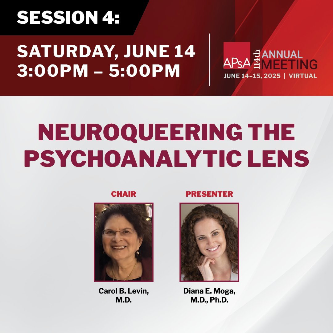 Have you selected your sessions for the  114th APsA Annual Meeting yet?

It will be on June 14 &amp; June 15, 2025 with 3 pairs of sessions to choose from.

Saturday afternoon:
3-Psychoanalysis and Law Enforcement
4-Neuroqueering the Psychoanalytic Lens

🎯apsameeting.org
