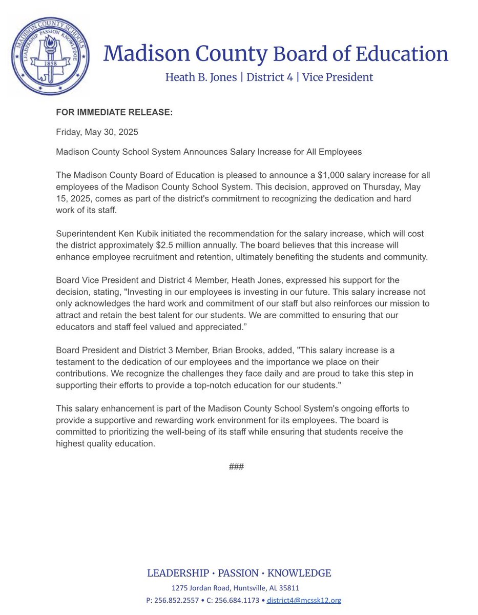 Madison County School System Announces Salary Increase for All Employees. #MCSSDistrict4 

<a href="/waff48/">WAFF 48</a> <a href="/whnt/">News 19</a> <a href="/WAAYTV/">waaytv</a> <a href="/FOX54News/">FOX54News</a> <a href="/yhn/">Yellowhammer News</a> <a href="/1819News/">1819 News</a>