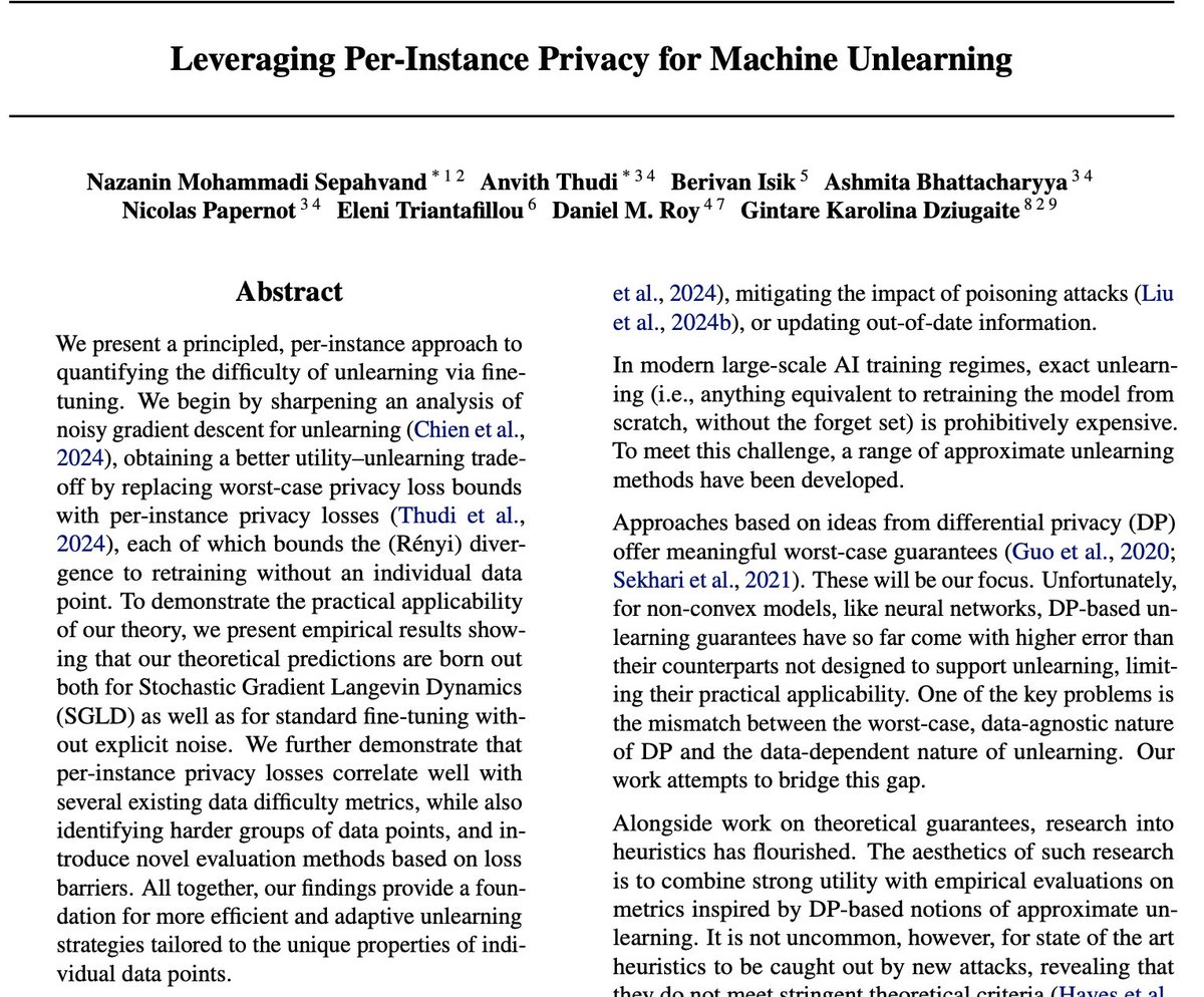 Berivan Isik (@berivanisik) on Twitter photo Most data points in a training set barely influence the final model. So why treat every unlearning request like it’s worst-case?
In our new <a href="/icmlconf/">ICML Conference</a> paper, we propose a per-instance analysis of machine unlearning that reflects the simple truth: not all data points are equally Most data points in a training set barely influence the final model. So why treat every unlearning request like it’s worst-case?
In our new <a href="/icmlconf/">ICML Conference</a> paper, we propose a per-instance analysis of machine unlearning that reflects the simple truth: not all data points are equally