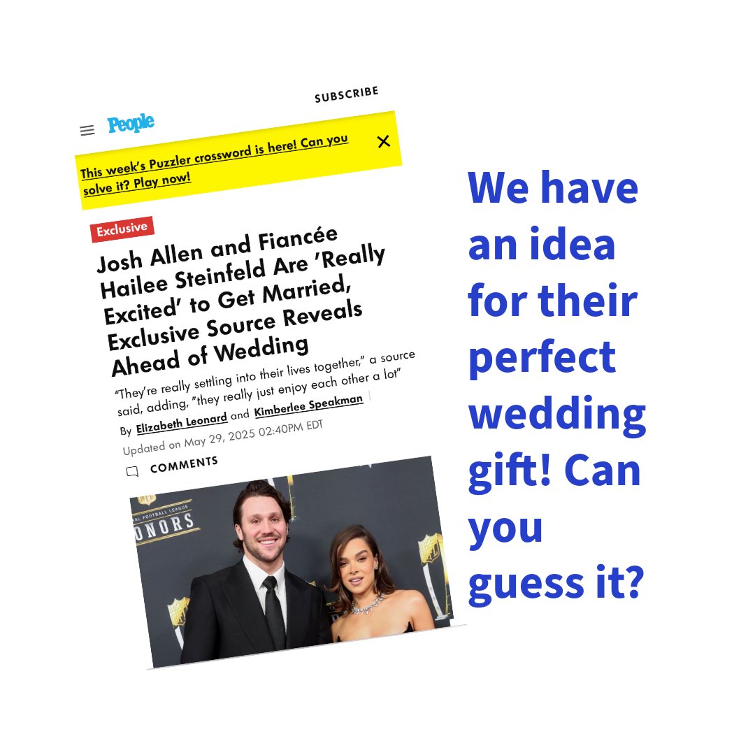 🏌️‍♂️🎉 Attention, everyone! We’ve got our wedding gift picks for Josh Allen and Hailee Steinfeld! 🎉🏌️‍♀️

what do you get for two people that have everything?—what this dynamic duo really needs is matching Water Buffalo Club hats and golf club covers! 💙🦬❤️⛳️

Picture it: Josh