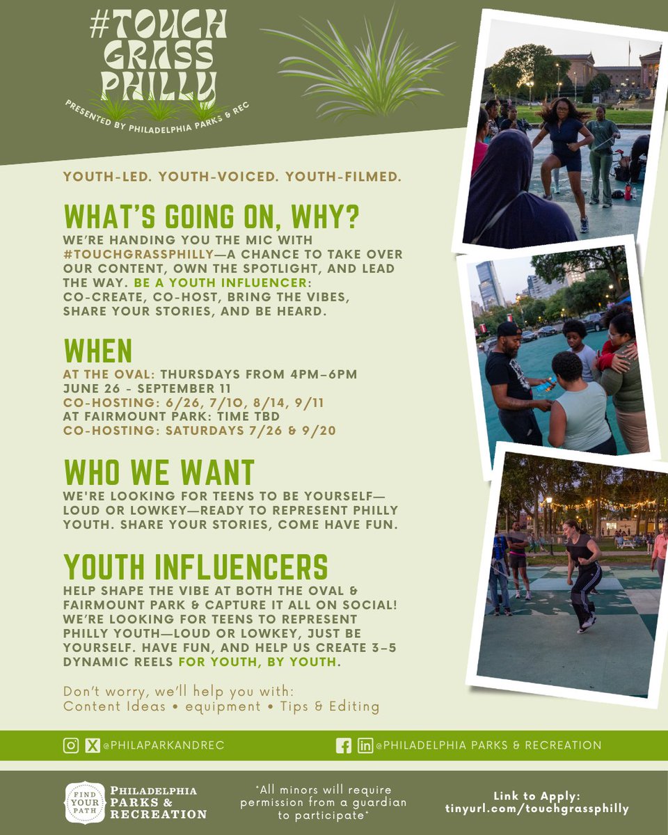 🌿Philadelphia Parks &amp; Recreation is launching a new youth influencer program!
Ages 12–24 can co-host events, create content &amp; rep #TouchGrassPhilly at The Oval + Fairmount Park.
📅 Apply by June 12
🔗tinyurl.com/touchgrassphil…
#PPRSummer #PhillyYouth  #YouthVoices