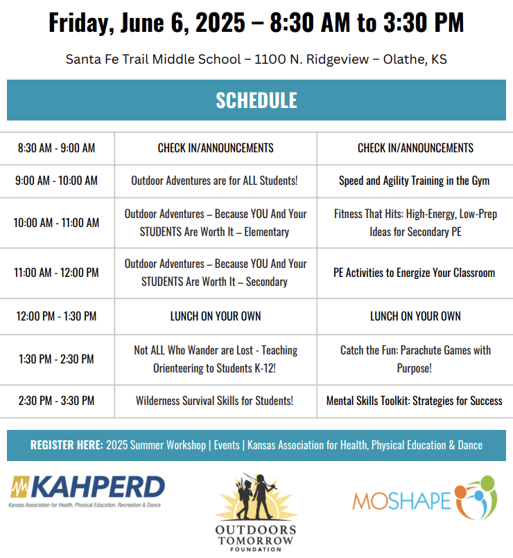 Missouri SHAPE (@moshape1) on Twitter photo ⭐️ There's still time to register for the KAHPERD/MOSHAPE summer workshop! We've got a great line-up of sessions, with something for everyone.
🖍 Sign up at kahperd.org, click on events.
💰 Rates increase June 1. ⭐️ There's still time to register for the KAHPERD/MOSHAPE summer workshop! We've got a great line-up of sessions, with something for everyone.
🖍 Sign up at kahperd.org, click on events.
💰 Rates increase June 1.