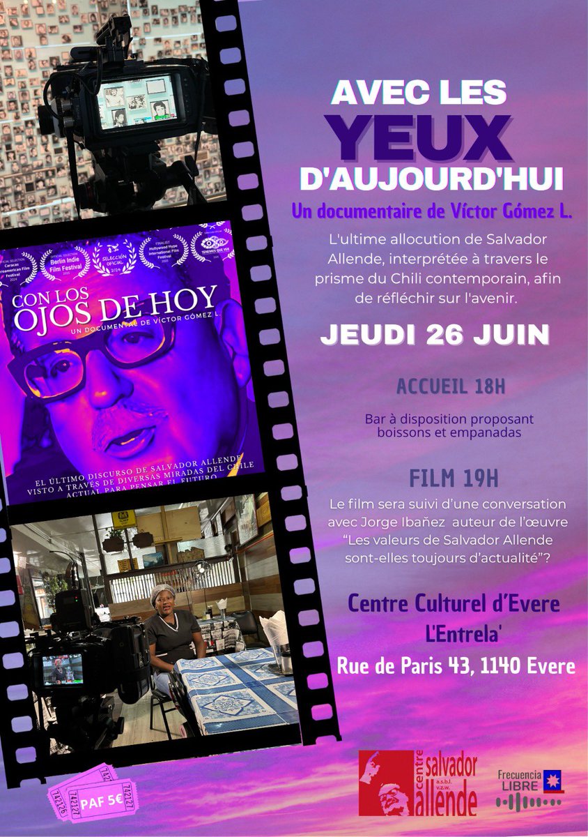 Presentan en Bélgica 
*CON LOS OJOS DE HOY* 
La exhibición del documental organizada por Centro Salvador Allende de Bruselas se realizará el jueves 26 de junio 18:00 horas en el Centro Cultural d'Evere L'Entrela' en Rue de Paris 43, 1140 Evere.
Invitar, difundir y participar