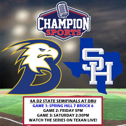 Champion Sports Radio (@championsports) on Twitter photo The <a href="/uiltexas/">Texas UIL</a> Baseball playoffs continue tonight with a pivotal Game 2 as #9 <a href="/BrockEaglesBSB/">Brock Eagle Baseball</a> battles #4 <a href="/SHBaseball23/">SH Panthers Baseball</a>! If you can’t be there, watch with us on <a href="/Texan_Live/">Dave Campbell’s Texan Live - Texanlive.com</a>!
⚾️4A D2 State Semis
⏰5PM
📍<a href="/DBUPatriots/">Dallas Baptist University</a>
🎙️<a href="/bpropes30/">Barry Propes</a> & <a href="/CoachDZimmerman/">David Zimmerman</a>
📺 texanlive.com/video/6835fbfa… The <a href="/uiltexas/">Texas UIL</a> Baseball playoffs continue tonight with a pivotal Game 2 as #9 <a href="/BrockEaglesBSB/">Brock Eagle Baseball</a> battles #4 <a href="/SHBaseball23/">SH Panthers Baseball</a>! If you can’t be there, watch with us on <a href="/Texan_Live/">Dave Campbell’s Texan Live - Texanlive.com</a>!
⚾️4A D2 State Semis
⏰5PM
📍<a href="/DBUPatriots/">Dallas Baptist University</a>
🎙️<a href="/bpropes30/">Barry Propes</a> & <a href="/CoachDZimmerman/">David Zimmerman</a>
📺 texanlive.com/video/6835fbfa…