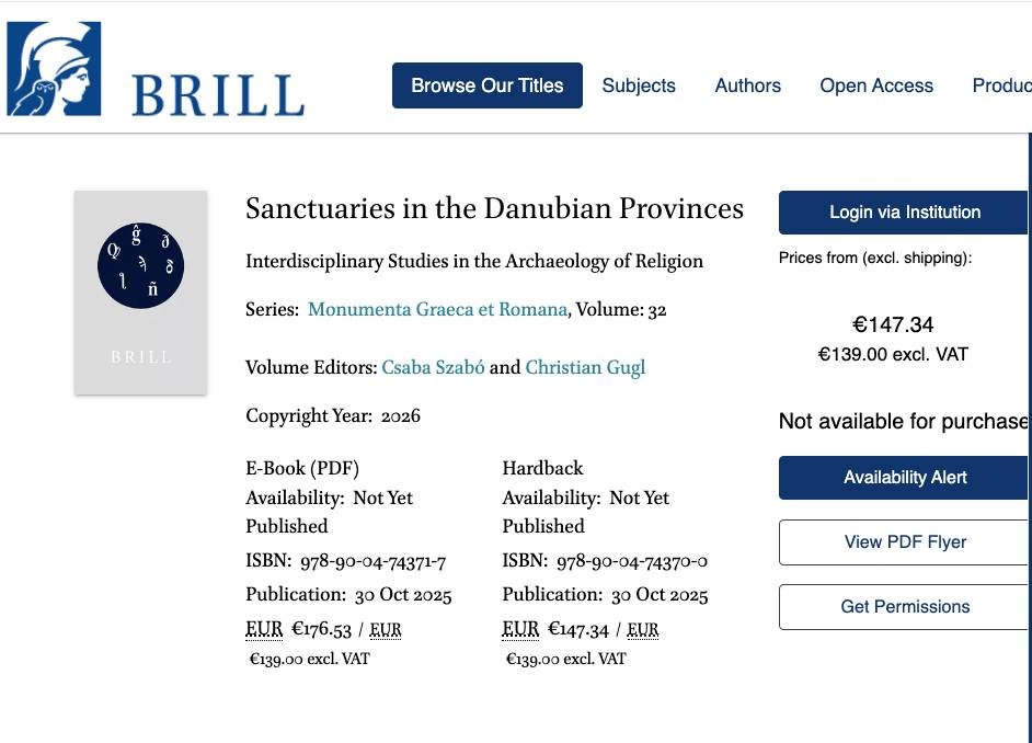 We are getting there:

our long-awaited book is expected to be published in late autumn. It will be the first book to focus exclusively on Roman sanctuaries in CEE and on the methods and limits of the archaeology of religion in practice.

brill.com/display/title/…