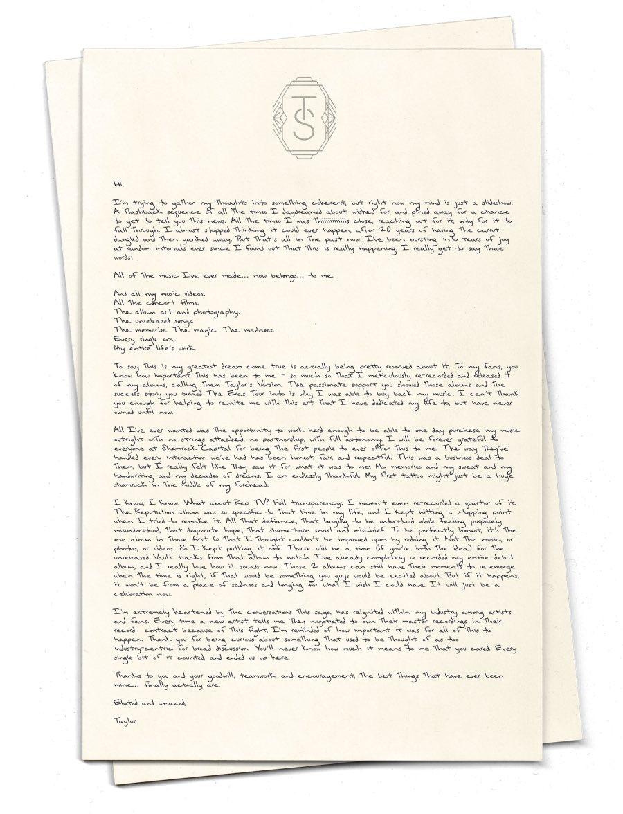 yourstrulydildo's tweet photo. Taylor Swift via her new letter 

1. Her all albums are hers now 
2. Debut TV is done and will be released shortly 
3. No reputation tv 
4. Reputation vault tracks will be released soon
5. She's happy after getting her master's back from that evil company 
#taylorswift https://t.co/GXC3QDFl0B
