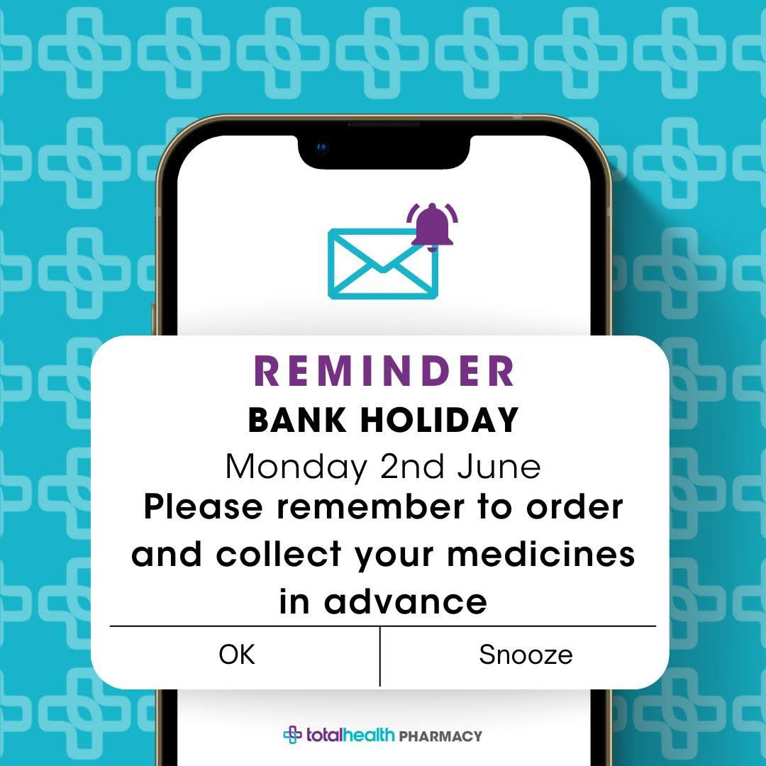 Gentle Reminder that we've yet another #LongWeekend ahead of us. Monday 2nd June is a Bank Holiday. Don't forget to order and collect any medicines you may need in plenty of time #pharmacy