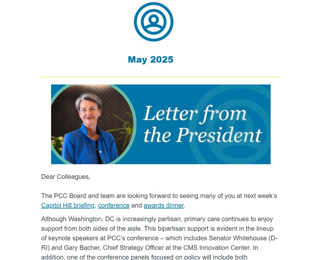 Primary Care Collaborative (PCC) (@pcpcc) on Twitter photo Yesterday, the PCC sent out our monthly newsletter!
In it we discussed our upcoming #PCC2025 Conference, went over key policy updates like H.R. 1 and <a href="/CMSinnovates/">CMS Innovation Center</a>'s 2025 newly released Strategic Direction, celebrated recent graduates on the PCC staff and more!
Have you signed Yesterday, the PCC sent out our monthly newsletter!
In it we discussed our upcoming #PCC2025 Conference, went over key policy updates like H.R. 1 and <a href="/CMSinnovates/">CMS Innovation Center</a>'s 2025 newly released Strategic Direction, celebrated recent graduates on the PCC staff and more!
Have you signed