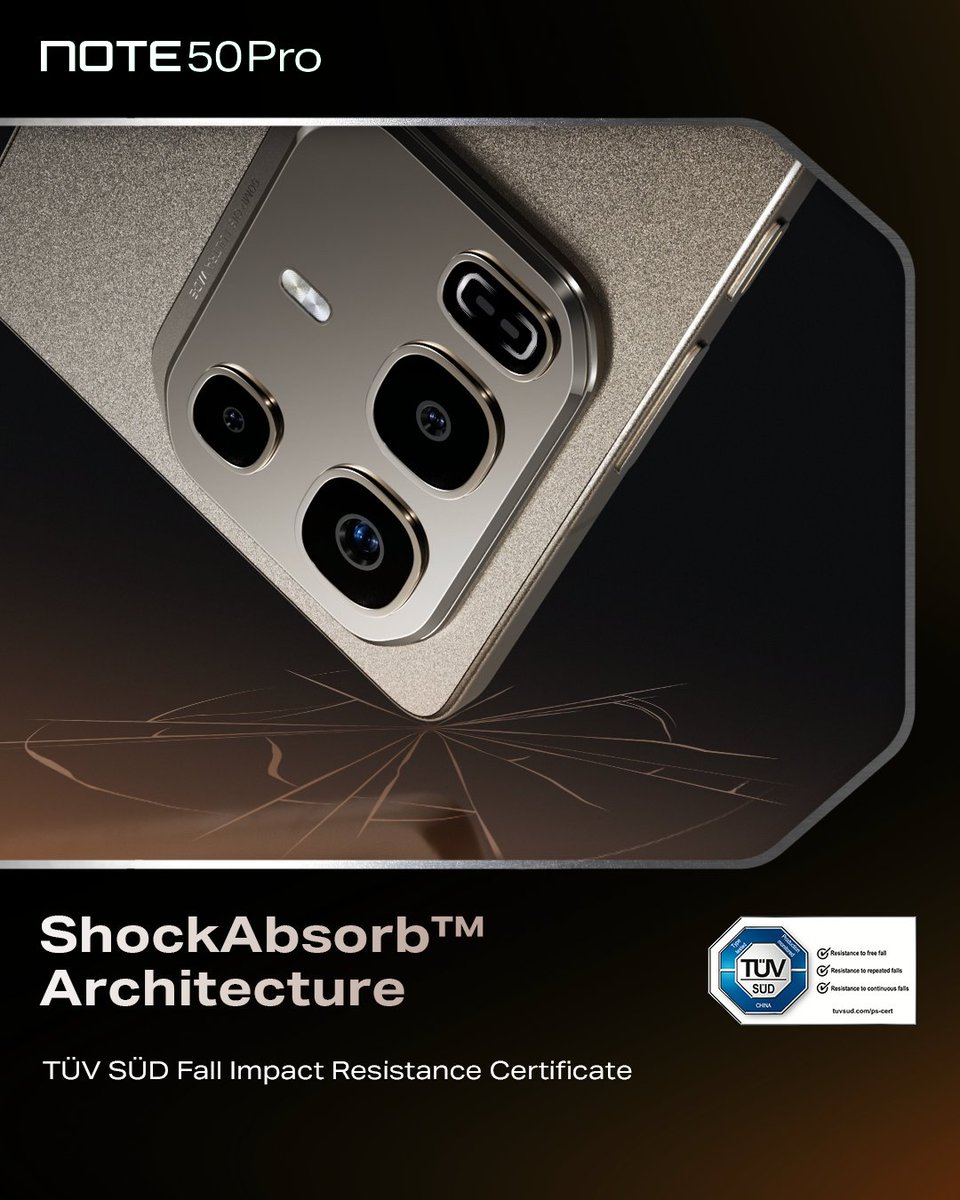 InfinixNigeria's tweet photo. Built to stay strong under pressure.
Shock absorb architecture is more than a feature—it’s a layer of protection. The fall impact certificate proves it works.
 #ProDesignProAI
#note50pro
#note50 https://t.co/V1emsPVnre