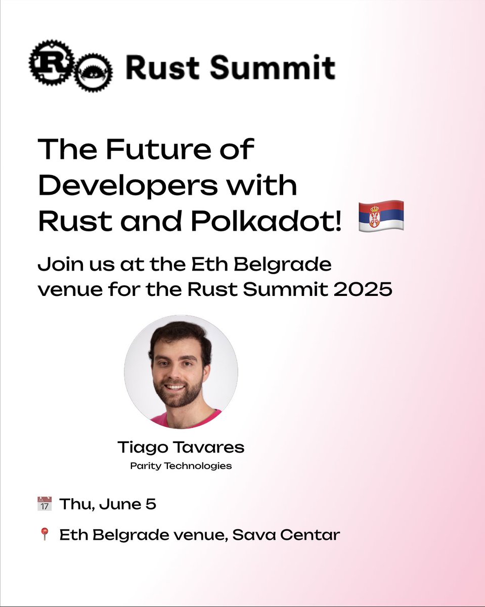 Tiago Tavares ⭕️ (@big_tava) on Twitter photo AI will steer developers toward Rust and Polkadot 😳
Join me at the <a href="/rust_summit/">Rust Summit</a> in 🇷🇸 on June 5th to find out why and how to position yourself! AI will steer developers toward Rust and Polkadot 😳
Join me at the <a href="/rust_summit/">Rust Summit</a> in 🇷🇸 on June 5th to find out why and how to position yourself!