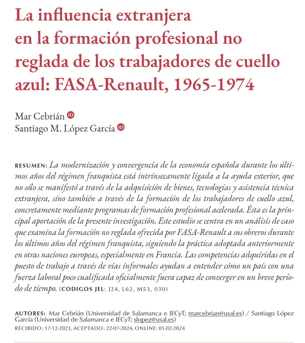 ☀️¿Qué tal el viernes? ☀️
#Recomendación #IHE21
"La influencia extranjera en la formación profesional no reglada de los trabajadores de cuello azul: FASA-Renault, 1965-1974"
✍️Mar Cebrián y Santiago M. López García (<a href="/usal/">Universidad de Salamanca</a>)

🔗recyt.fecyt.es/index.php/IHE/…