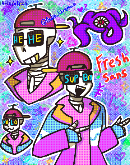 Starry_Andrx's tweet photo. Fresh Sans :p
(My eyes hurt seeing this lmao)
#undertaleAU #underfresh #freshsans https://t.co/yEmpKuEgdD