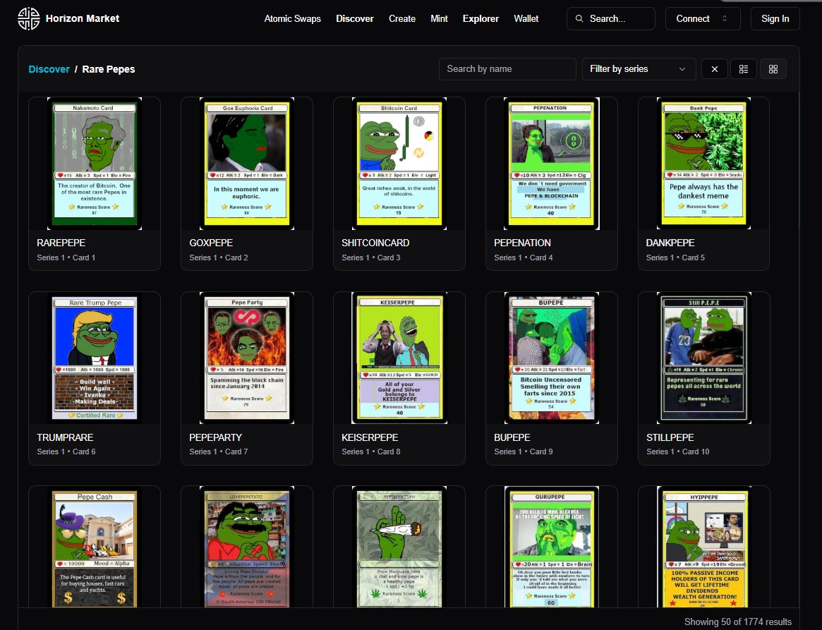 Horizon Market Collection Showcase:

Today's pick is the legendary Rare Pepe!

This pioneering collection laid the foundation for community-driven art projects on Counterparty. Many talented artists contributed to the 1,774 cards spanning 36 series.

Feels good, man. 🐸

Check