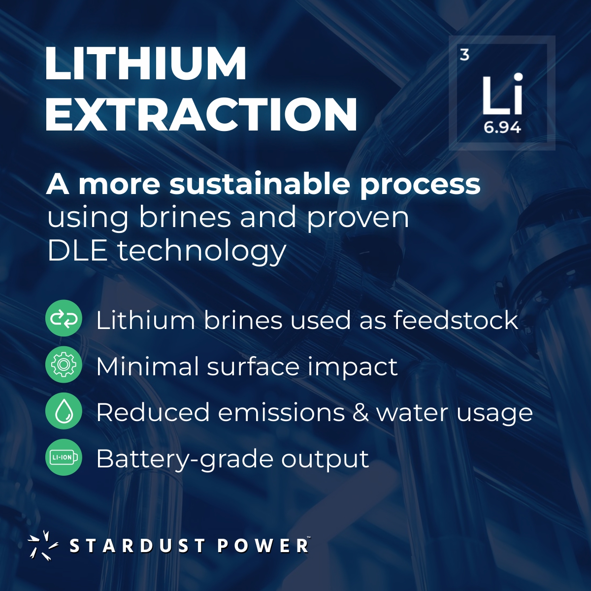 SDST_Power's tweet image. Our cleaner energy future starts at the source. 🌱
We use lithium-rich brines and DLE tech to extract lithium, then re-inject the brine—reducing surface impact, water use, and emissions. A smarter, more sustainable approach.
$SDST #LithiumRefining #CleanEnergy #StardustPower