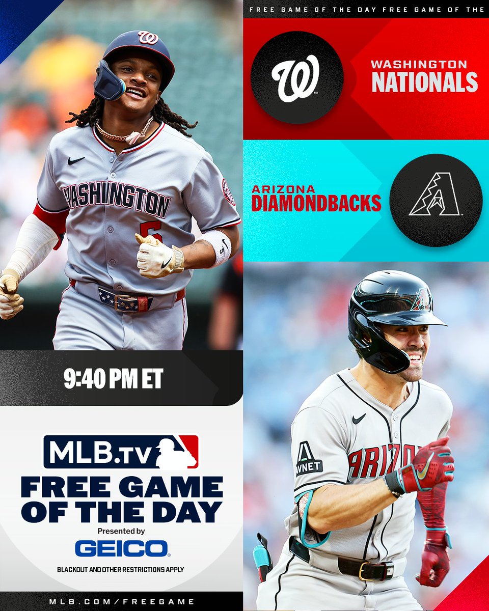MLB.TV (@mlbtv) on Twitter photo CJ Abrams and the <a href="/Nationals/">Washington Nationals</a> head to the desert to square off against Corbin Carroll and the <a href="/Dbacks/">Arizona Diamondbacks</a>.
Watch for FREE at 9:40 PM ET on #MLBTV
(MLB x GEICO) CJ Abrams and the <a href="/Nationals/">Washington Nationals</a> head to the desert to square off against Corbin Carroll and the <a href="/Dbacks/">Arizona Diamondbacks</a>.
Watch for FREE at 9:40 PM ET on #MLBTV
(MLB x GEICO)