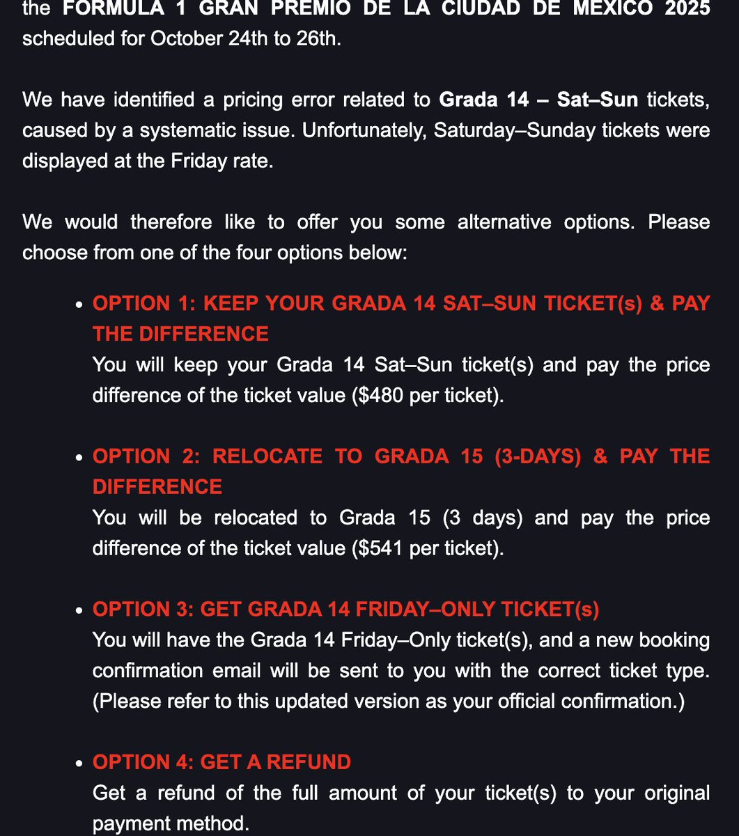 What do you all think about this? <a href="/F1/">Formula 1</a> sells us tickets, we book flights, hotel, transport, etc. then they say that they "identified a pricing error" and want to charge us way more??? That is not how it works #F1 #Formula1