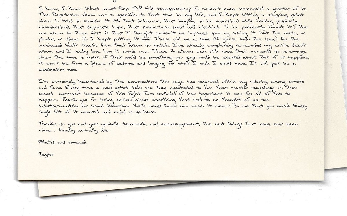 ⚫️ ÚLTIMA HORA: La regrabación de reputation no está grabada por completo. En una carta a sus fans, Taylor se sincera sobre lo difícil que le resultaba enfrentarse a ese disco y deja la opción abierta a compartir las canciones “from the vault” en algún momento del futuro.
