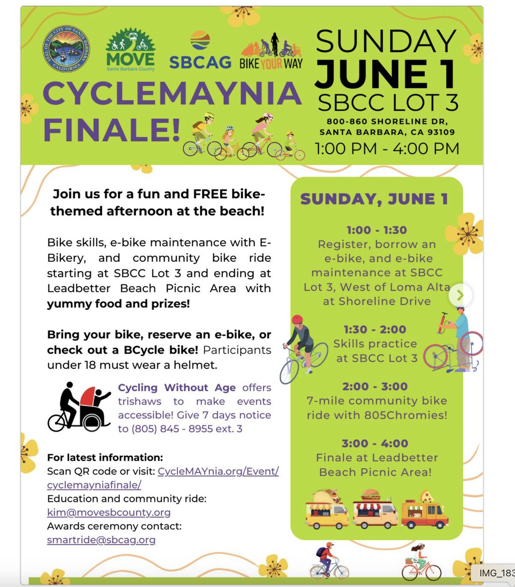A bike-themed afternoon is set for Sunday in the Santa Barbara City College parking lot by Leadbetter Beach.   Get a bike check-up, practice skills, go for a ride and attend a party.  It's part of CycleMAYnia.