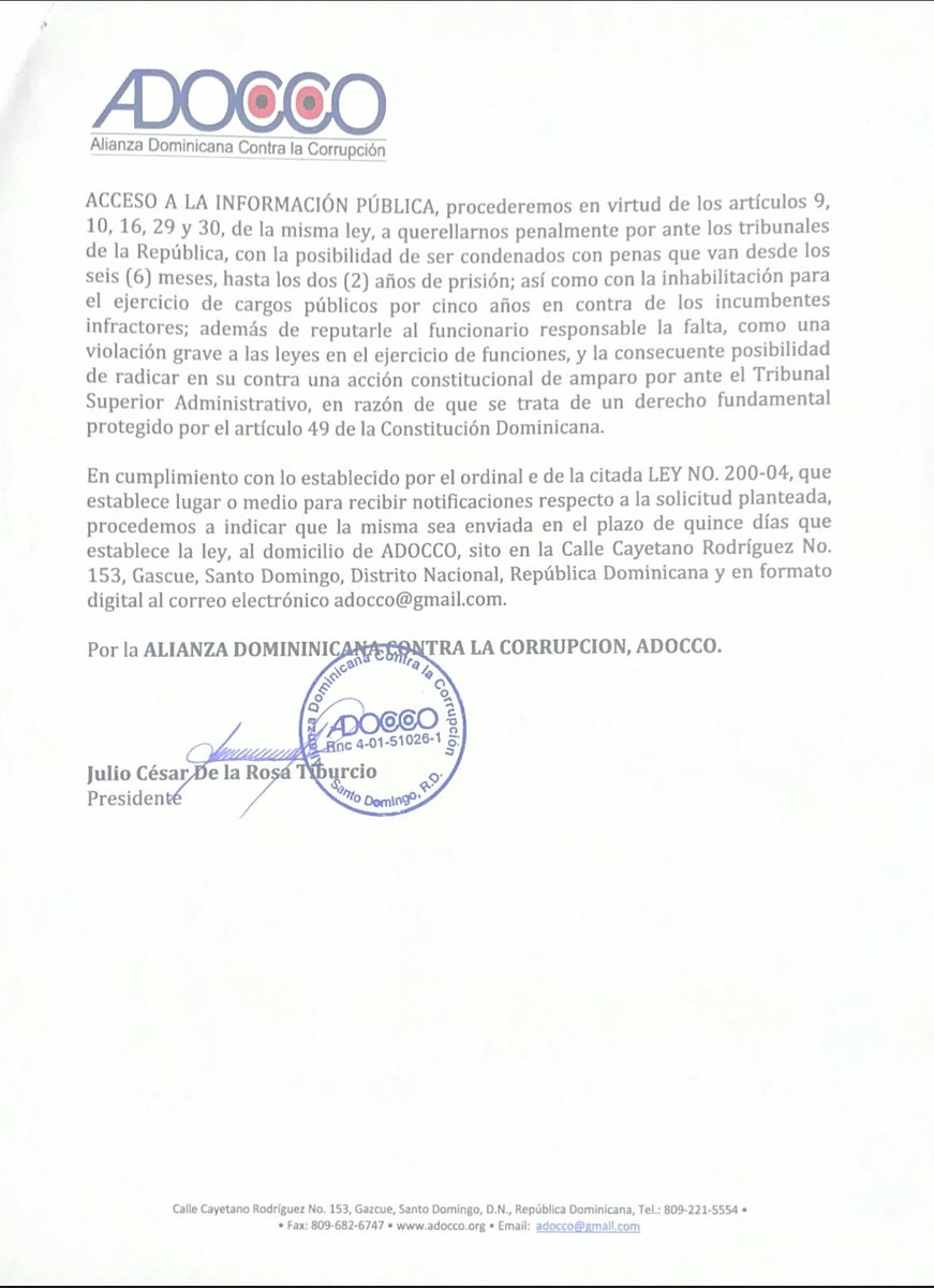 ADOCCO (@adocco) on Twitter photo <a href="/IndotelRD/">Instituto Dominicano de las Telecomunicaciones</a>, abusa y desconoce el artículo 49 de la Constitución y las disposiciones de la Ley 200-04, sobre Libre Acceso a la Información Pública, cuando obliga a una entidad como #adocco a pagar RD$2,000.00 pesos, para entregar informaciones sobre una denuncia presentada. <a href="/IndotelRD/">Instituto Dominicano de las Telecomunicaciones</a>, abusa y desconoce el artículo 49 de la Constitución y las disposiciones de la Ley 200-04, sobre Libre Acceso a la Información Pública, cuando obliga a una entidad como #adocco a pagar RD$2,000.00 pesos, para entregar informaciones sobre una denuncia presentada.
