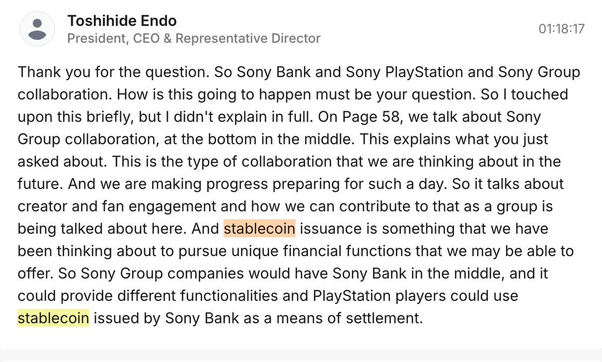 Rob Hadick >|< (@hadickm) on Twitter photo Sony is going to issue there own stablecoin (and so will everyone else, unfortunately)
(s/o <a href="/ElBarto_Crypto/">ElBarto_Crypto</a>) Sony is going to issue there own stablecoin (and so will everyone else, unfortunately)
(s/o <a href="/ElBarto_Crypto/">ElBarto_Crypto</a>)