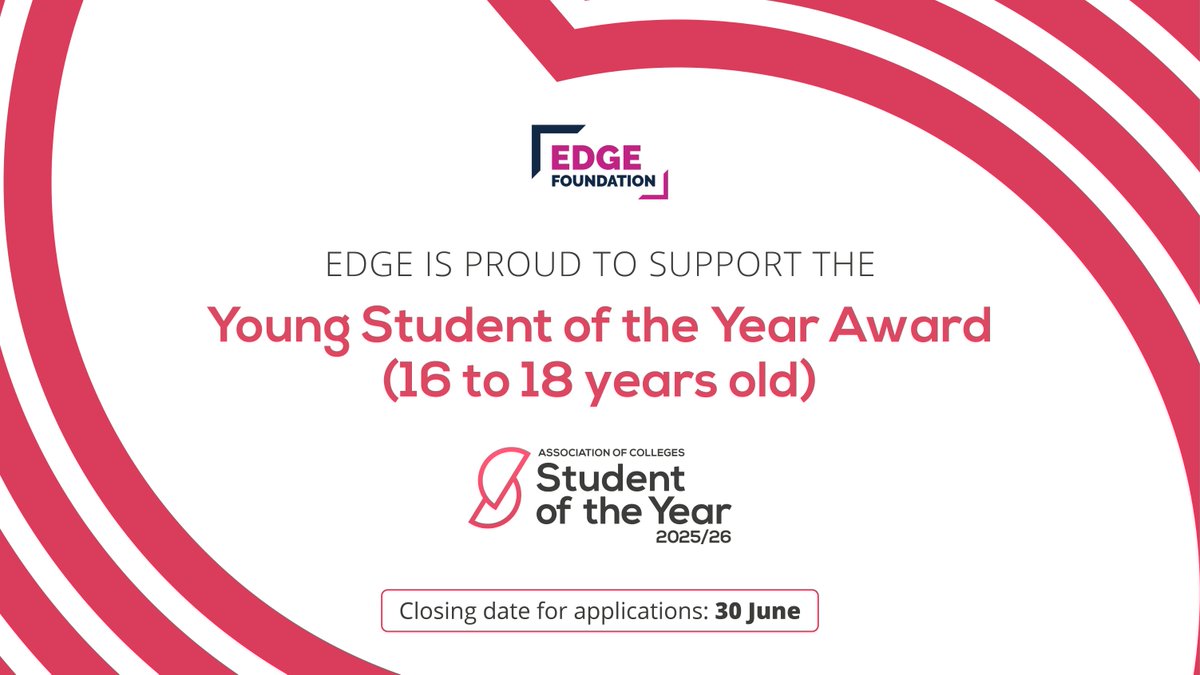 The Edge Foundation (@ukedge) on Twitter photo Applications for the <a href="/AoC_info/">Association of Colleges (AoC)</a> Student of the Year Awards are now open for 2025/26! The awards highlight the fantastic work that students are doing in colleges as well as the lengths colleges go to support their students. We are delighted to sponsor the Young Student of the Year Applications for the <a href="/AoC_info/">Association of Colleges (AoC)</a> Student of the Year Awards are now open for 2025/26! The awards highlight the fantastic work that students are doing in colleges as well as the lengths colleges go to support their students. We are delighted to sponsor the Young Student of the Year