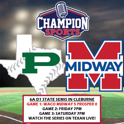 Champion Sports Radio (@championsports) on Twitter photo The <a href="/uiltexas/">Texas UIL</a> Baseball playoffs continue tonight with a pivotal Game 2 as #21 <a href="/ThePHSBaseball/">Prosper HS Baseball</a> takes on <a href="/MidwayBsball/">Midway Baseball</a>! If you can’t be there, watch with us on <a href="/Texan_Live/">Dave Campbell’s Texan Live - Texanlive.com</a>!
⚾️6A D1 State Semis
⏰7PM
📍<a href="/CRRBaseball/">Cleburne Railroaders</a>
🎙️<a href="/Phillip_Kern/">Phillip Kern</a> & <a href="/EvanBull5/">Evan Bull</a>
📺 texanlive.com/video/6835f98c… The <a href="/uiltexas/">Texas UIL</a> Baseball playoffs continue tonight with a pivotal Game 2 as #21 <a href="/ThePHSBaseball/">Prosper HS Baseball</a> takes on <a href="/MidwayBsball/">Midway Baseball</a>! If you can’t be there, watch with us on <a href="/Texan_Live/">Dave Campbell’s Texan Live - Texanlive.com</a>!
⚾️6A D1 State Semis
⏰7PM
📍<a href="/CRRBaseball/">Cleburne Railroaders</a>
🎙️<a href="/Phillip_Kern/">Phillip Kern</a> & <a href="/EvanBull5/">Evan Bull</a>
📺 texanlive.com/video/6835f98c…