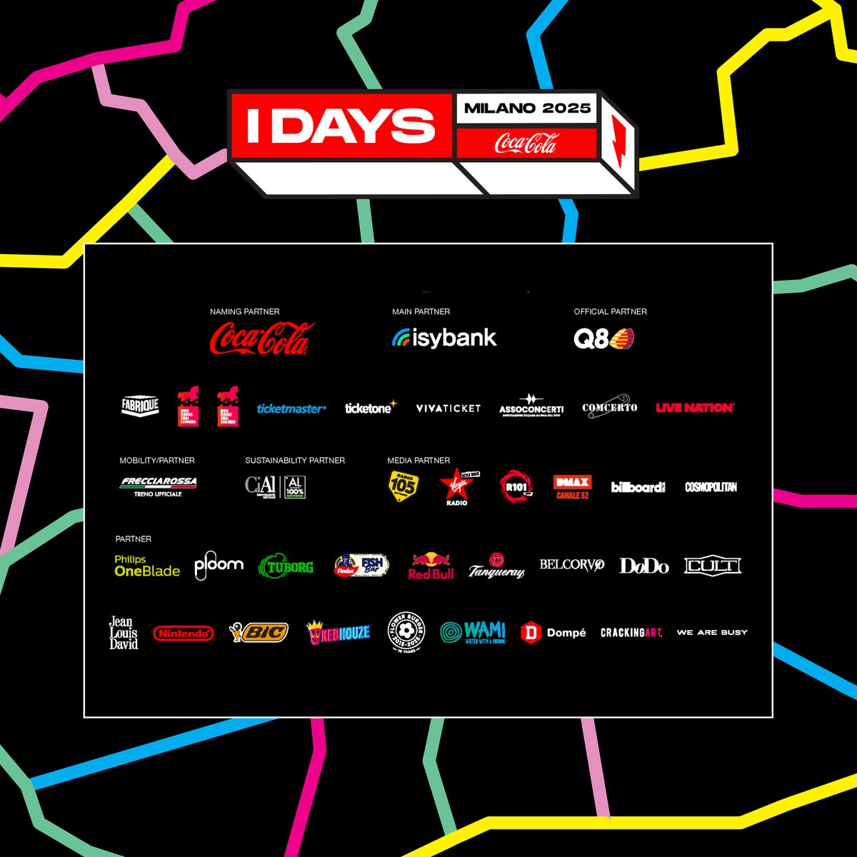 IDaysMilano's tweet image. Un grazie speciale a tutti i partner di I-Days
Milano Coca-Cola 2025! Insieme, stiamo preparando
qualcosa di davvero indimenticabile ✨🤘
Venite a scoprire tutte le iniziative pensate per voi
durante i giorni e godetevi la musica di #idays2025 🎤