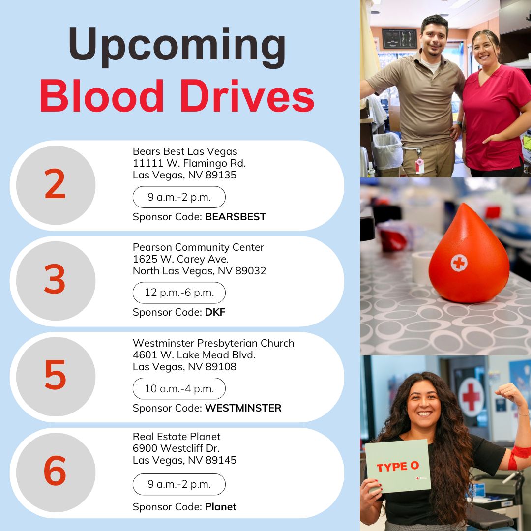 🩸 Just one hour of your time could save someone's life!

This summer, take a moment to make a lasting impact. Book your blood donation appointment today and be a hero for those in need.

👉 redcross.org/GiveBlood

#RedCrossNevada #GiveBlood #SaveLives #BloodDonation