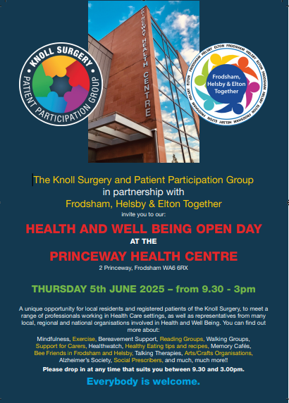 Health &amp; Wellbeing Open Day

📍 Princeway Health Centre, Frodsham
🗓️ Thursday 5th June 2025
🕘 9:30am – 3:00pm

Drop in anytime to meet local health &amp; wellbeing services, enjoy activities, and find support in your community.💙

Everyone is welcome!