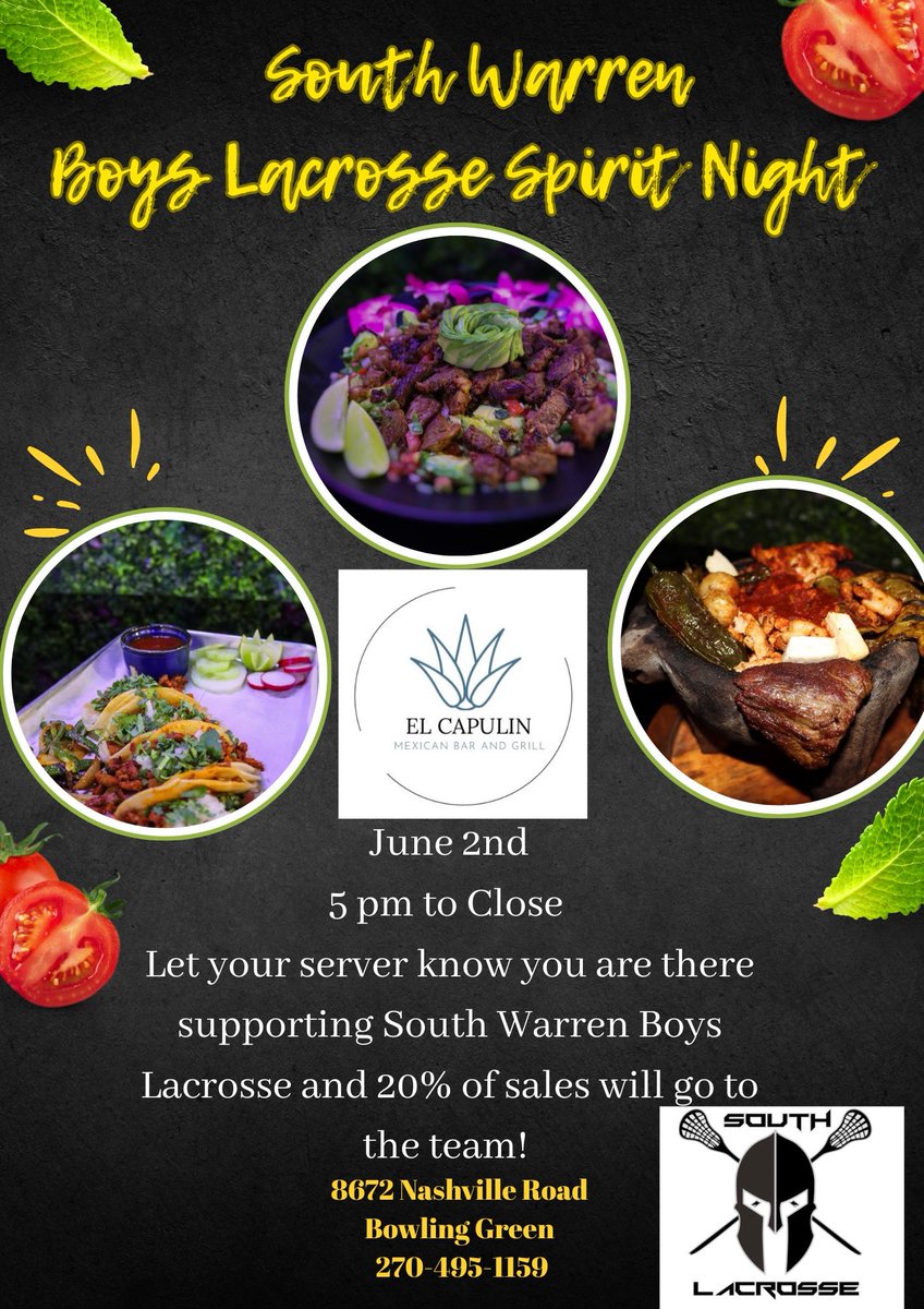 Spirit night dinner, eat and support SW Boys Lax! 😋 Monday 6/2, 5p-close.