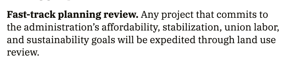 I really want to like Zohran's housing policies. There is some really great stuff in there like comprehensive zoning reform, TOD, and abolishing parking minimums.  

BUT, for literally every item, there are stipulations. Be it labor requirements, community input, etc.
