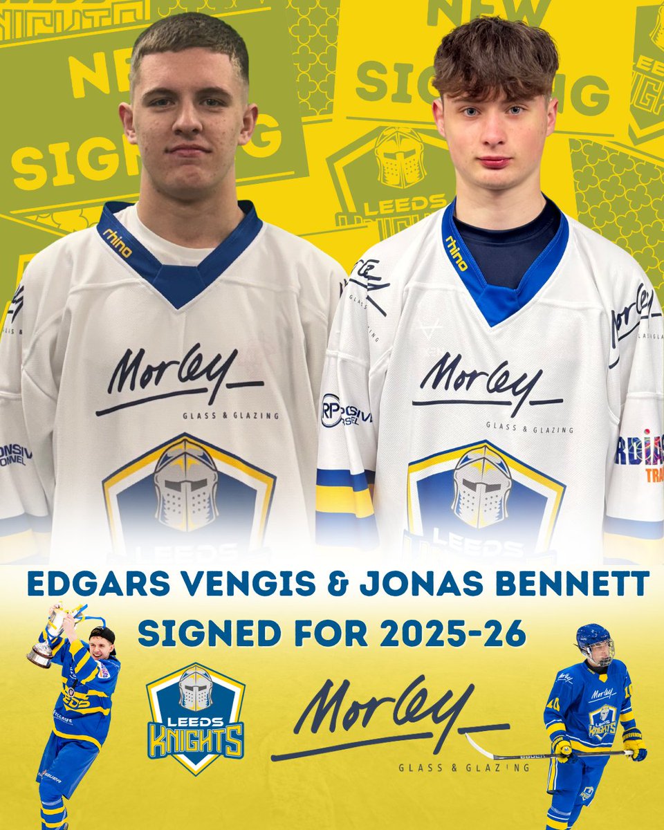 The Morley Glass Leeds Knights are delighted to announce the signings of Edgars Vengis and Jonas Bennett for the upcoming 2025-26 NIHL National League season! ✍️

Both players, who have come through the Leeds Junior Knights system, have signed with the Leeds Knights organisation