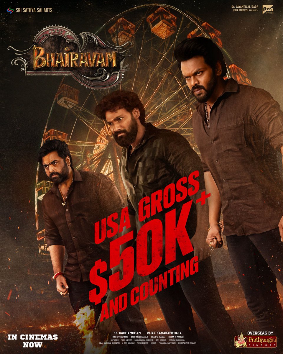 Prathyangira Cinemas (@prathyangiraus) on Twitter photo The brothers of box office destruction have stormed the USA ๐บ๐ธ box office ๐ฅ
Blockbuster #Bhairavam grosses $50K+ at the USA box office ๐ฅ๐ฅ๐ฅ
Overseas by <a href="/PrathyangiraUS/">Prathyangira Cinemas</a>
<a href="/BSaiSreenivas/">Bellamkonda Sreenivas</a> <a href="/HeroManoj1/">Manoj Manchu๐๐ปโค๏ธ</a> <a href="/IamRohithNara/">Rohith Nara</a> <a href="/DirVijayK/">Vijay Kanakamedala</a> <a href="/jayantilalgada/">Dr. Jayantilal Gada (PEN)</a> <a href="/SriSathyaSaiArt/">Sri Sathya Sai Arts</a> <a href="/PenMovies/">Pen Movies</a> The brothers of box office destruction have stormed the USA ๐บ๐ธ box office ๐ฅ
Blockbuster #Bhairavam grosses $50K+ at the USA box office ๐ฅ๐ฅ๐ฅ
Overseas by <a href="/PrathyangiraUS/">Prathyangira Cinemas</a>
<a href="/BSaiSreenivas/">Bellamkonda Sreenivas</a> <a href="/HeroManoj1/">Manoj Manchu๐๐ปโค๏ธ</a> <a href="/IamRohithNara/">Rohith Nara</a> <a href="/DirVijayK/">Vijay Kanakamedala</a> <a href="/jayantilalgada/">Dr. Jayantilal Gada (PEN)</a> <a href="/SriSathyaSaiArt/">Sri Sathya Sai Arts</a> <a href="/PenMovies/">Pen Movies</a>