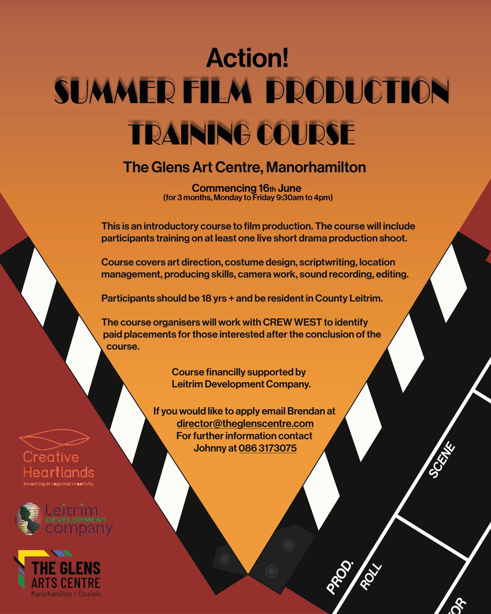 Creative Heartlands (@slrheartlands) on Twitter photo Action!
Summer Film Production Training Course at The Glens Arts Centre Manorhamilton.
If you'd like to apply for a place please email Brendan - director@theglenscentre Action!
Summer Film Production Training Course at The Glens Arts Centre Manorhamilton.
If you'd like to apply for a place please email Brendan - director@theglenscentre