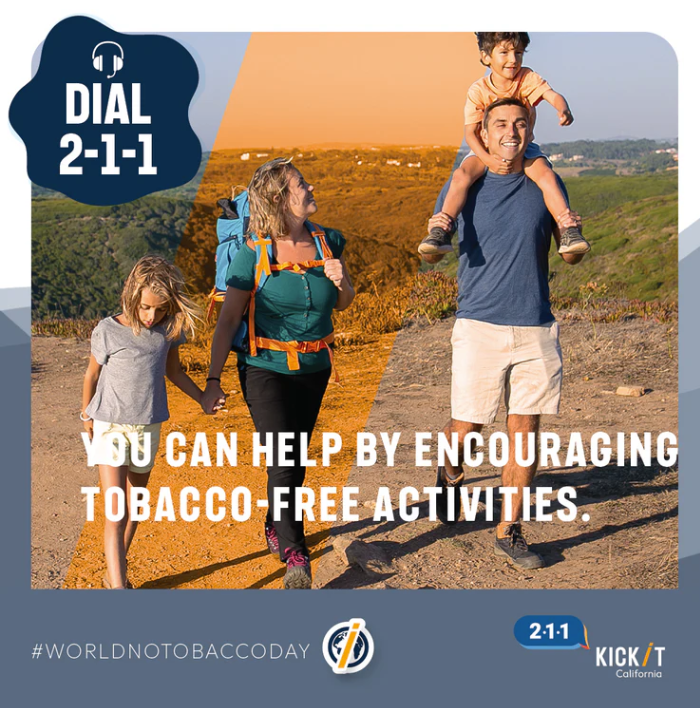 This #WorldNoTobaccoDay quit vaping for yourself and for your loved ones. Kick It California will show you how. ☎️🚭 Dial 2-1-1 for free help to quit from @kickitca and receive a $20 gift card, or visit the link to get started: bit.ly/4a3lbtI