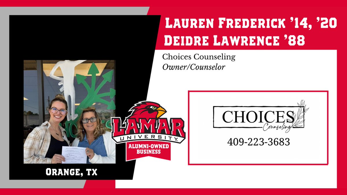 Meet Lauren (Anderson) Frederick '14, '20 and Deidre (Frazier) Lawrence '88. They are Licensed Professor Counselors and own and operate Choices Counseling in Orange, TX. Connect with them on Facebook at facebook.com/share/12LfcjLA…