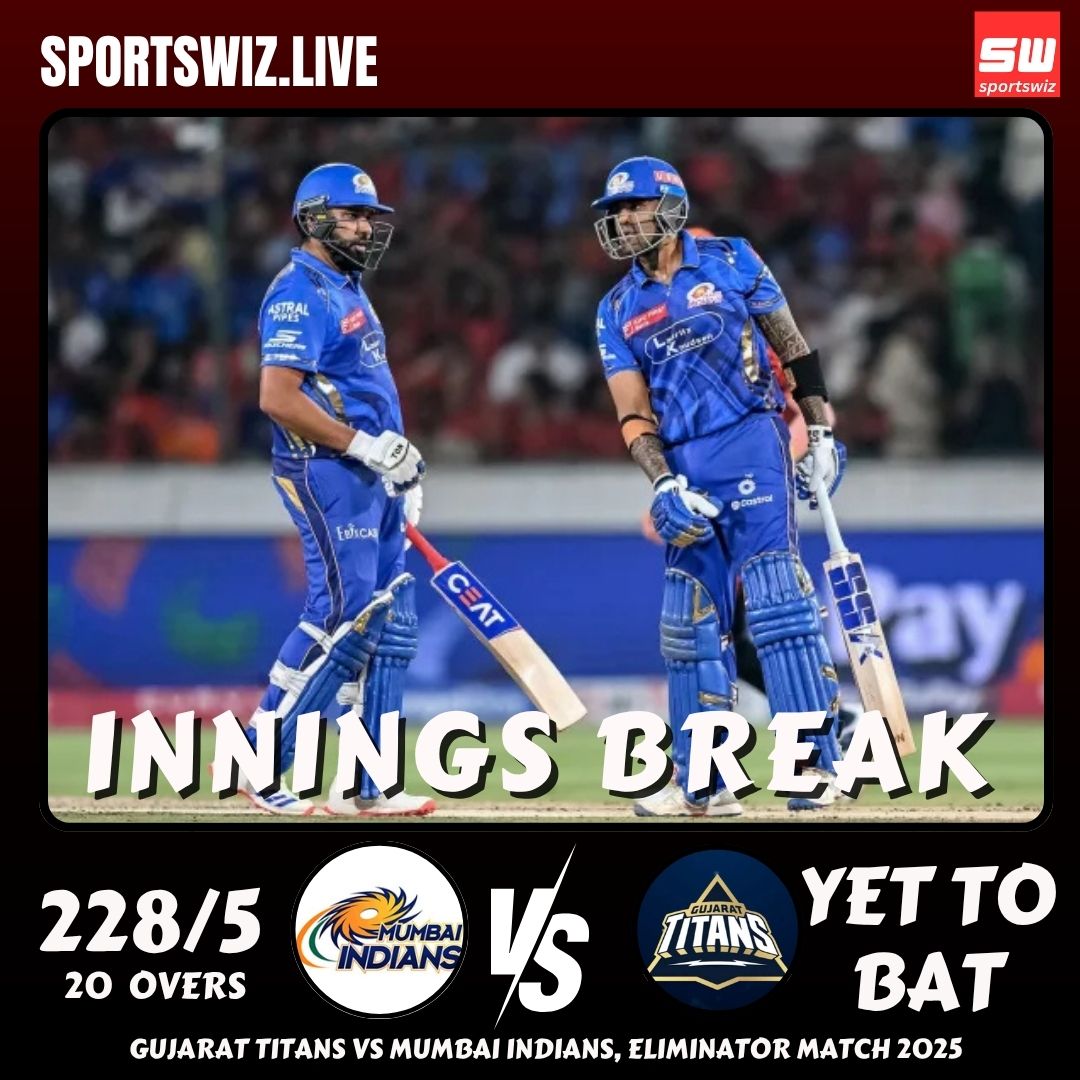 mysportswiz's tweet photo. Innings Break in the Eliminator!
Mumbai Indians post a massive 228/5 in 20 overs against Gujarat Titans!
A powerful batting performance.
https://t.co/pHmnsb7h3L
#GTvsMI #virat #BestRB #GujaratTitans #TerSteganOut #IPLFinals #Havertz #AlHilal #MIvsGT #Sesko #Frimpong #HongKong #Eliminator #UCLfinal #BrunoFernandes #ACMilan #Hughes #vaibhavsuryavanshi #YashasviJaiswal #RayanCherki #UECL #IPL2025 #Sportswiz