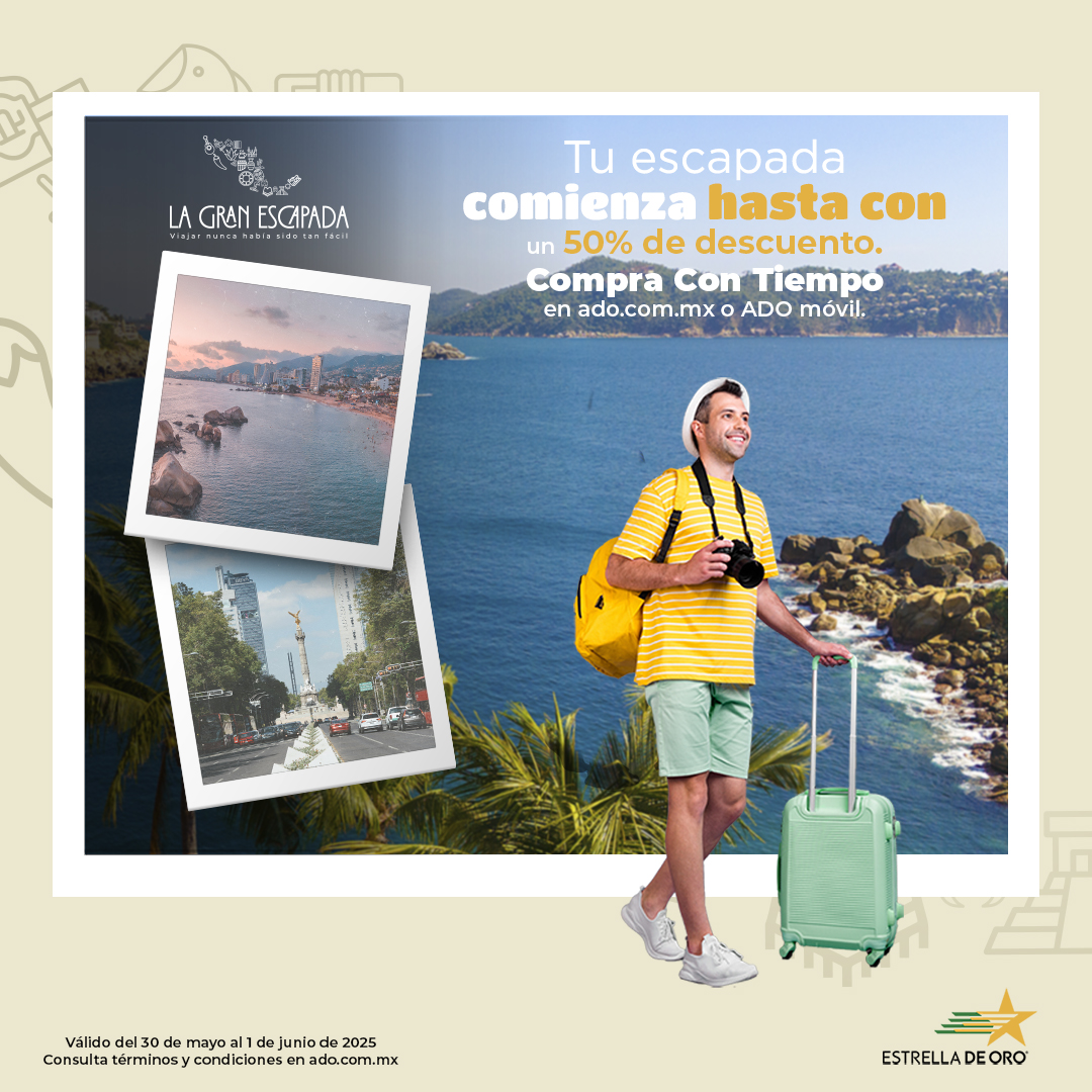 ✨ ¿Te urge desconectarte un rato?
Hazle caso a ese impulso viajero y lánzate a descubrir nuevos paisajes, sin romper el cochinito.
Planea hoy y viaja cuando quieras... ¡pero con precio especial!

📲 Compra tu boleto fácil en tinyurl.com/2dxafmor o desde la app de ADO Móvil.