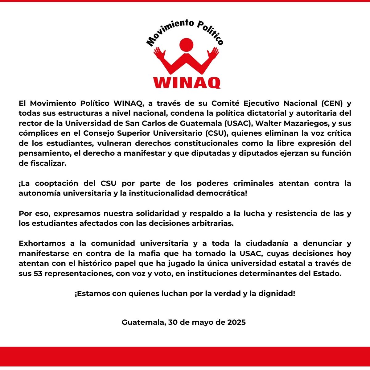 Expresamos nuestra solidaridad y respaldo a la lucha y resistencia de los estudiantes universitarios afectados con las decisiones arbitrarias.
¡Estamos con quienes luchan  por la verdad y la dignidad!