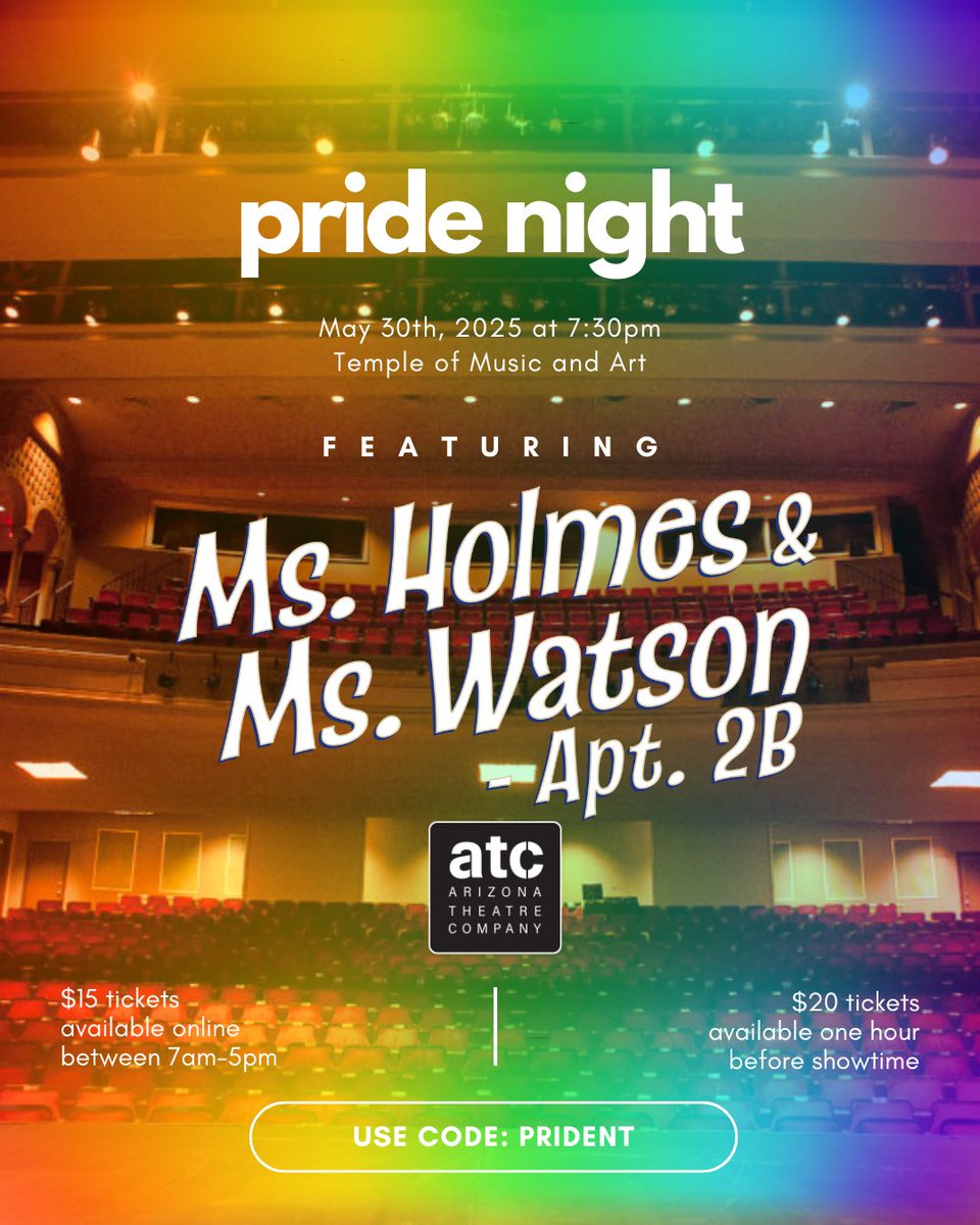 $15 tickets are LIVE on our site when you use code: PRIDENT. It's elementary - this deal kills! Visit atc.org/pride-night/ for tickets and more info.

Join us after tonight's performance for a special post show discussion with the cast of Ms. Holmes &amp; Ms. Watson - Apt. 2B