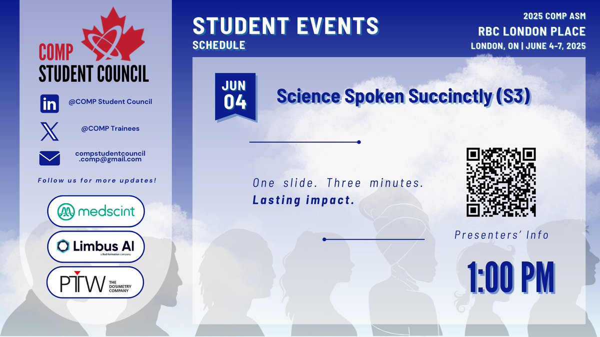 COMPTrainees's tweet image. π€ #COMP2025 Spotlight: Science Spoken Succinctly (SΒ³) Competition!
πΌοΈ 1 slide β’ β±οΈ 3 min β’ π₯ Big impact
Trainees take on the ultimate sci-comm challengeβdonβt miss it!
π§ Presenters & schedule: bit.ly/4jvv5HI
π Sponsors: @medscint, @LimbusAI, @PTWNorthAmerica