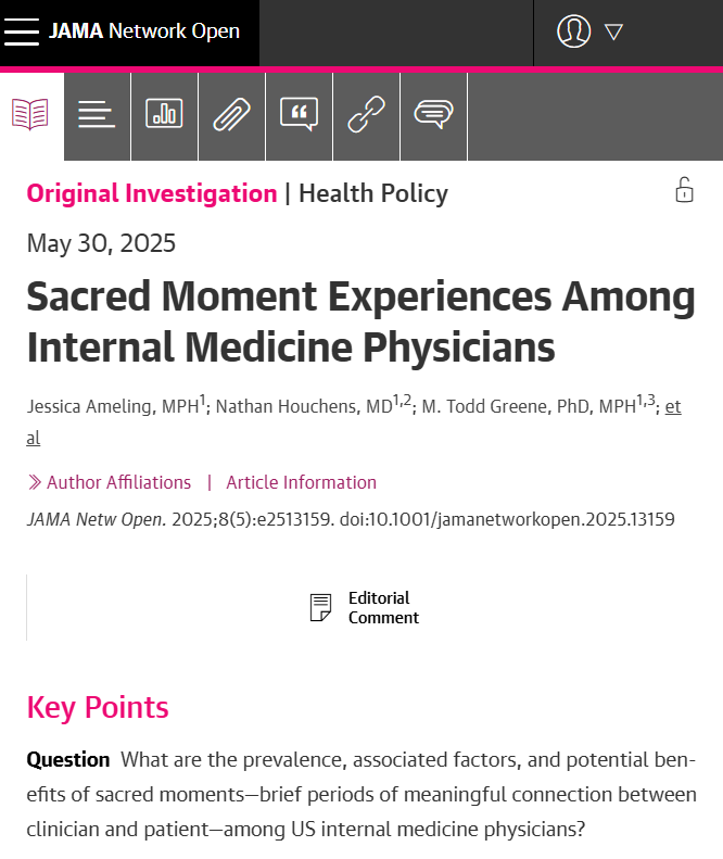 A national survey of internal medicine physicians found that experiencing sacred moments with patients is common and associated with lower burnout. ja.ma/4mLrVT5