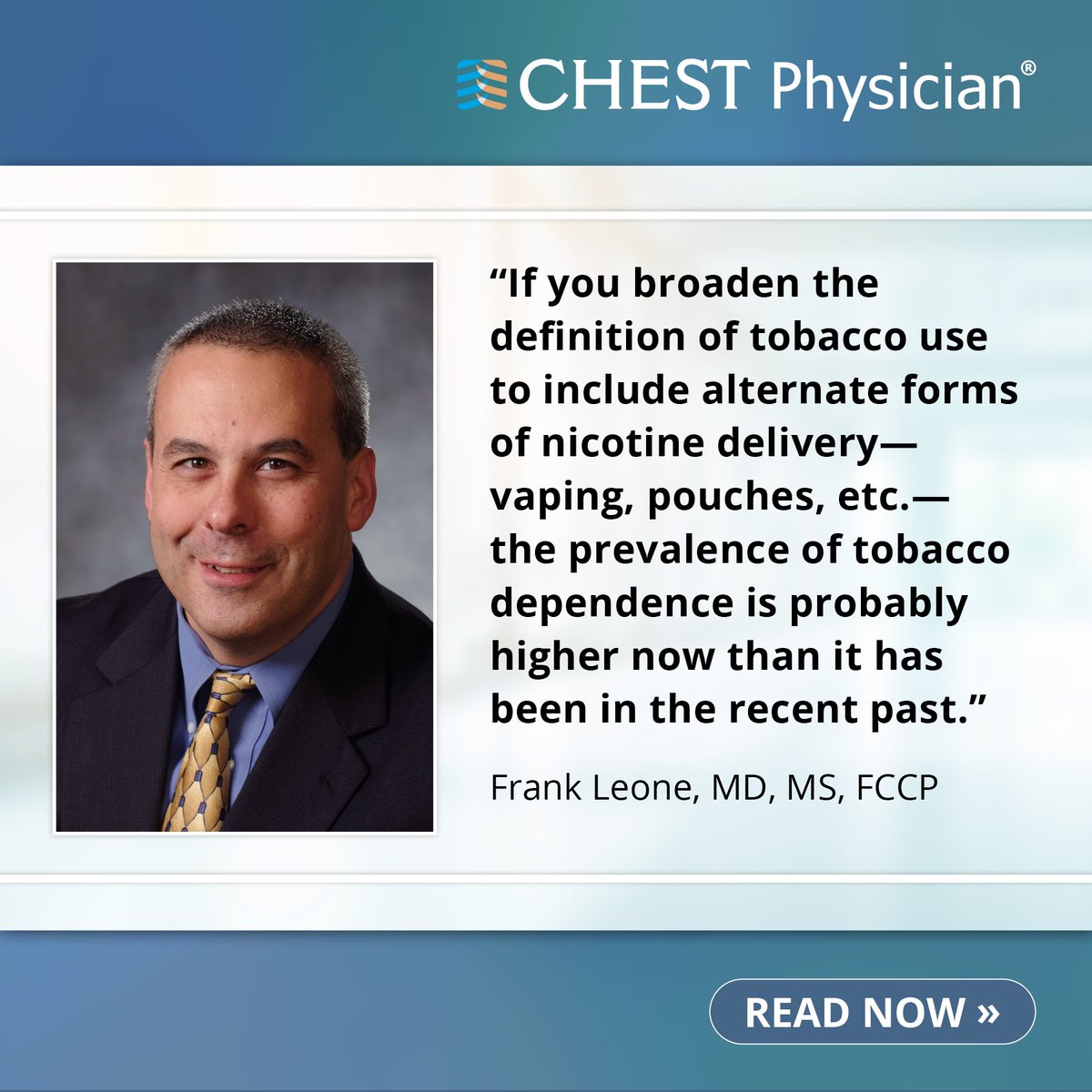 CHEST (@accpchest) on Twitter photo Frank Leone, MD, MS, FCCP, shares why clinicians need to rethink the way they view—and treat—tobacco use.
Learn more in CHEST Physician: hubs.la/Q03pZ1j60
#WorldNoTobaccoDay #NoTobacco Frank Leone, MD, MS, FCCP, shares why clinicians need to rethink the way they view—and treat—tobacco use.
Learn more in CHEST Physician: hubs.la/Q03pZ1j60
#WorldNoTobaccoDay #NoTobacco
