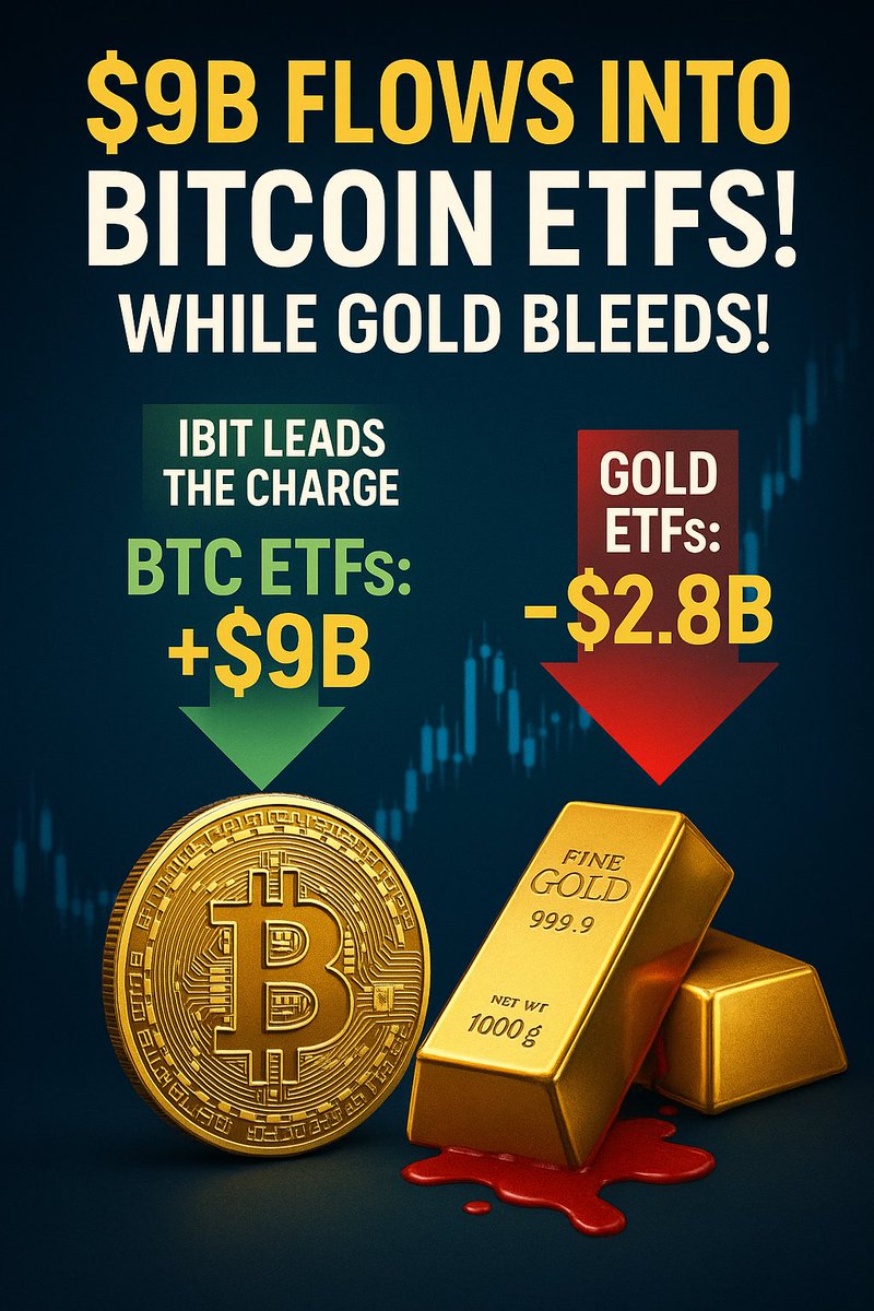 CipherPulse568's tweet image. 🚨 $9B flows into #Bitcoin ETFs while gold bleeds!
BlackRock’s $IBIT leads the charge 🚀
In 5 weeks:
📉 Gold ETFs: -$2.8B
📈 BTC ETFs: +$9B

BTC is becoming the new gold?
Transparency. Demand. Momentum.
📰 Read: newsbtc.com/bitcoin-news/b…

#CryptoNews  #BitcoinETF  #Web3