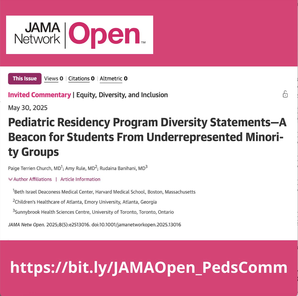 The DocsWithDisabilities Initiative (@docswith) on Twitter photo Thrilled to see a commentary in <a href="/JAMANetworkOpen/">JAMA Network Open</a> on our new paper! Written by Drs. Paige Church, Amy Rule, and Rudaina Banihani — strong, smart women leaders🌟
Read it here: bit.ly/JAMAOpen_PedsC…
#MedEd #DEI #Pediatrics #DocsWithDisabilities Thrilled to see a commentary in <a href="/JAMANetworkOpen/">JAMA Network Open</a> on our new paper! Written by Drs. Paige Church, Amy Rule, and Rudaina Banihani — strong, smart women leaders🌟
Read it here: bit.ly/JAMAOpen_PedsC…
#MedEd #DEI #Pediatrics #DocsWithDisabilities