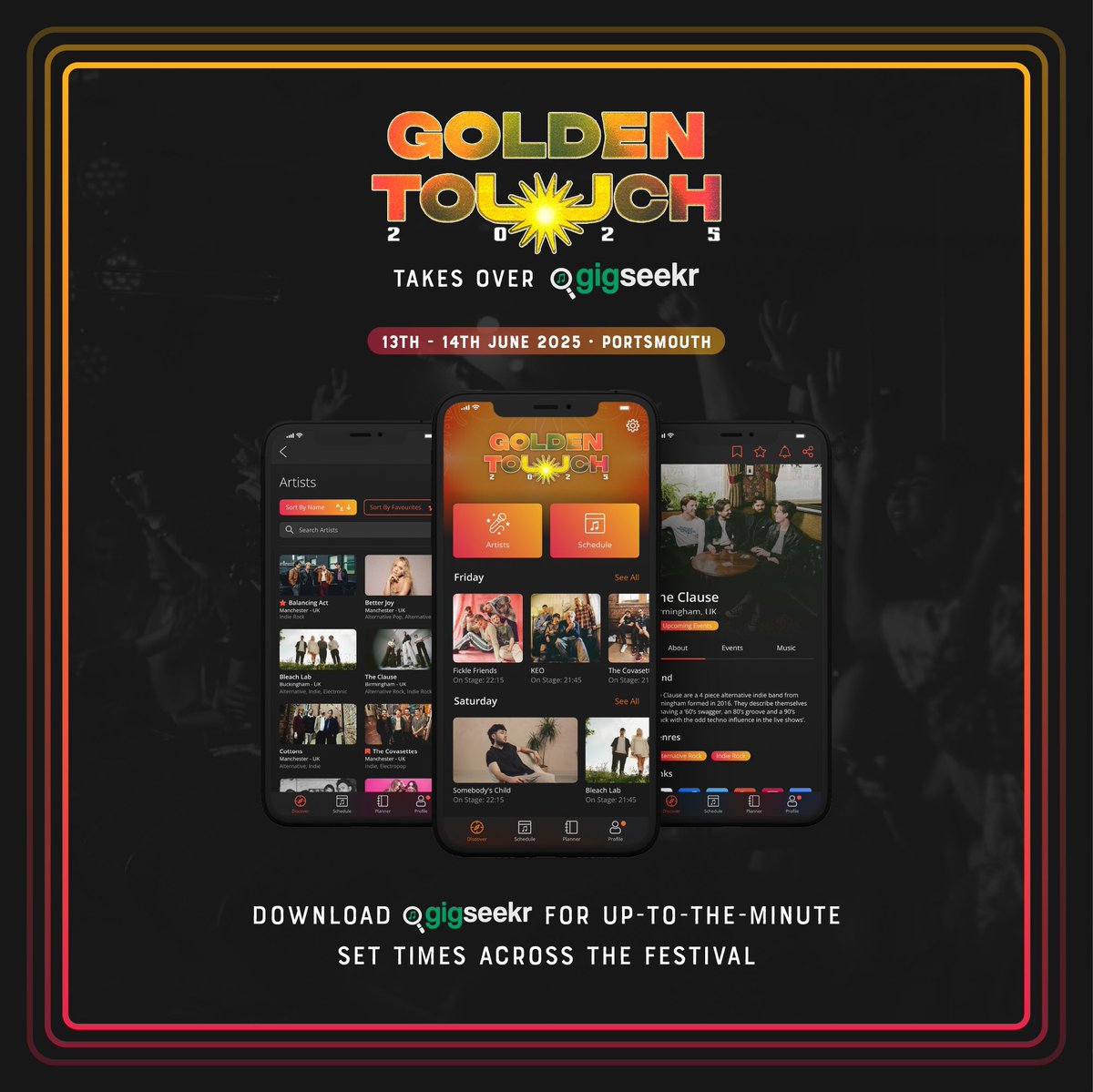 gigseekr (@gigseekr) on Twitter photo . <a href="/goldentouchfest/">Golden Touch Festival</a> is taking over gigseekr!
For the third year running, the official Takeover is your ultimate guide to the festival — with set times, artist info and everything you need to plan your day.
All you have to do is tap the Golden Touch banner in the app or hit the . <a href="/goldentouchfest/">Golden Touch Festival</a> is taking over gigseekr!
For the third year running, the official Takeover is your ultimate guide to the festival — with set times, artist info and everything you need to plan your day.
All you have to do is tap the Golden Touch banner in the app or hit the